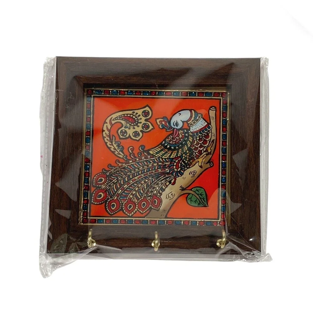 Peacock Glass Painting Art 3 Hook Key Holder Tanjore Style GRT India Bird Small
